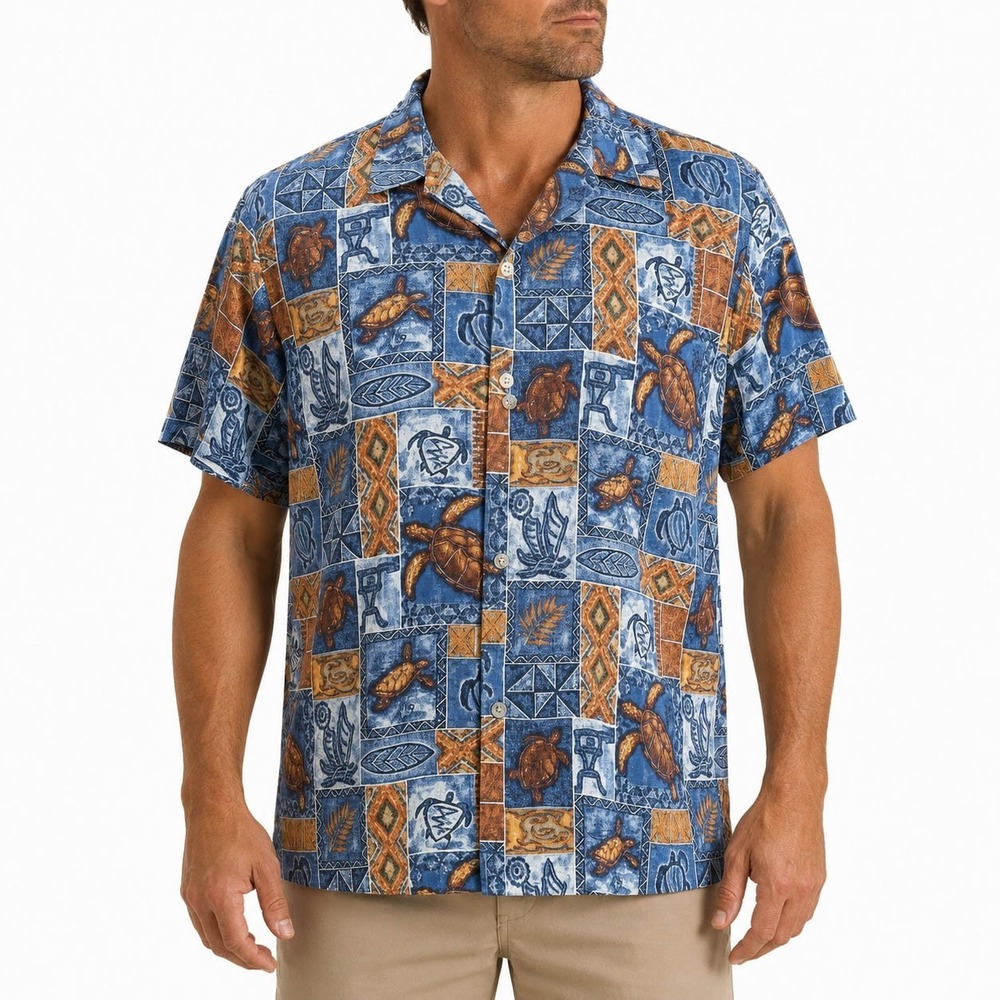Koko Head Hawaiian Aloha Shirt Sea Turtles Tribal Symbols Floral Blue Brown